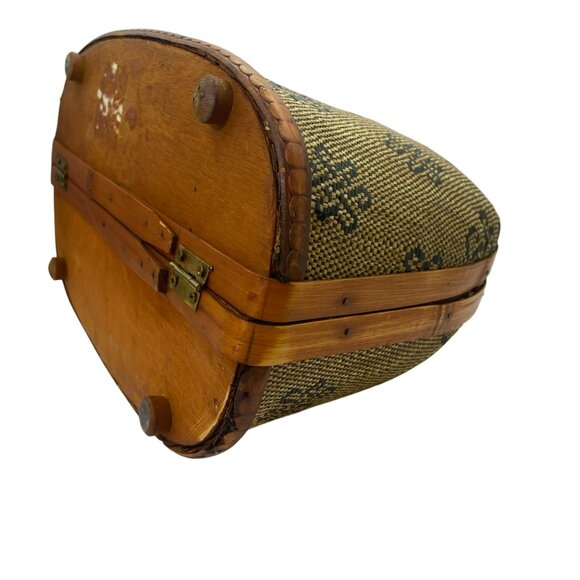 Vintage Bamboo Wood Wicker Handbag Geometric Pattern Brass Latch Hinges - Picture 7 of 14